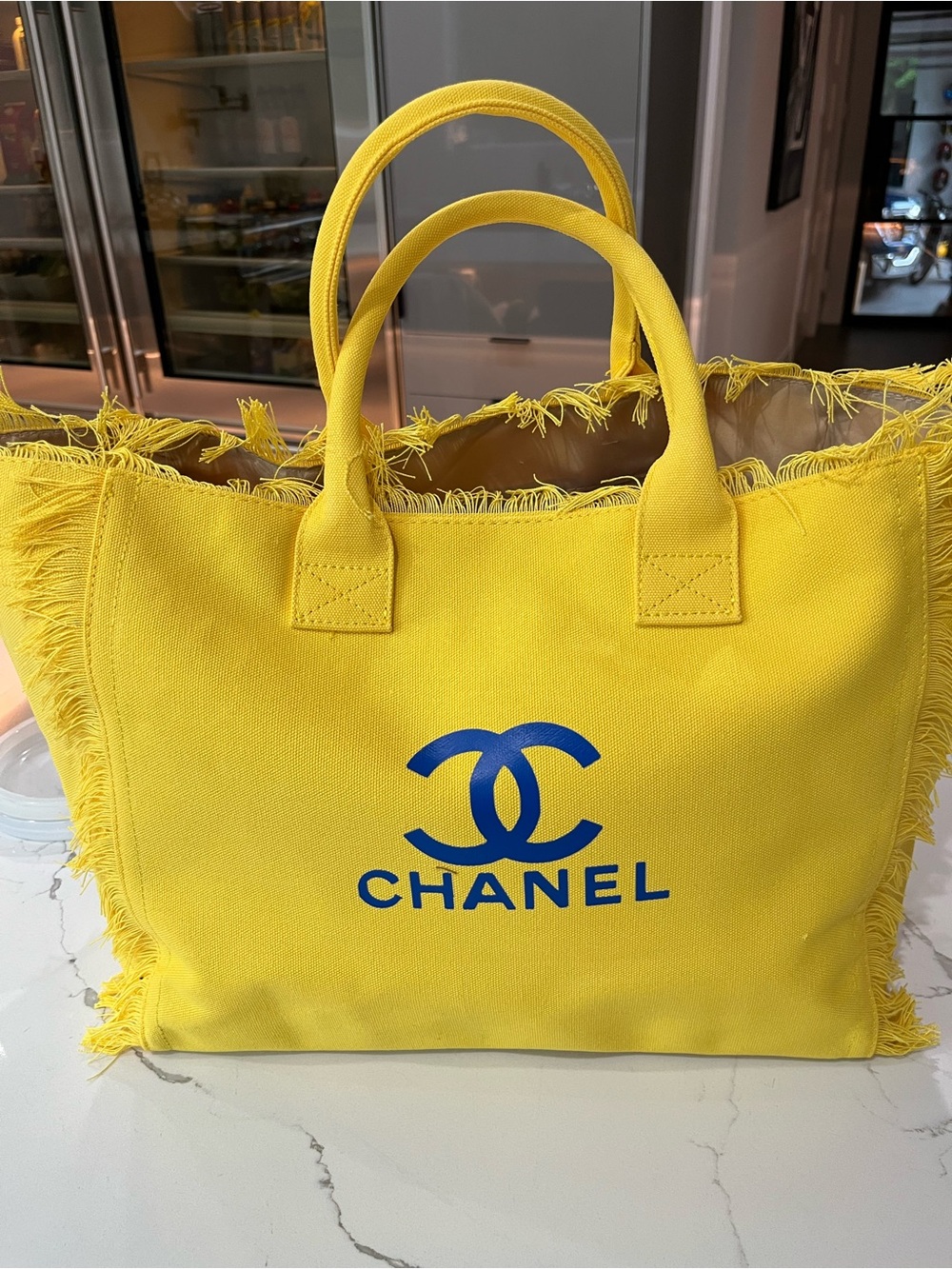 Yellow Canvas Tote Bag with Blue Logo